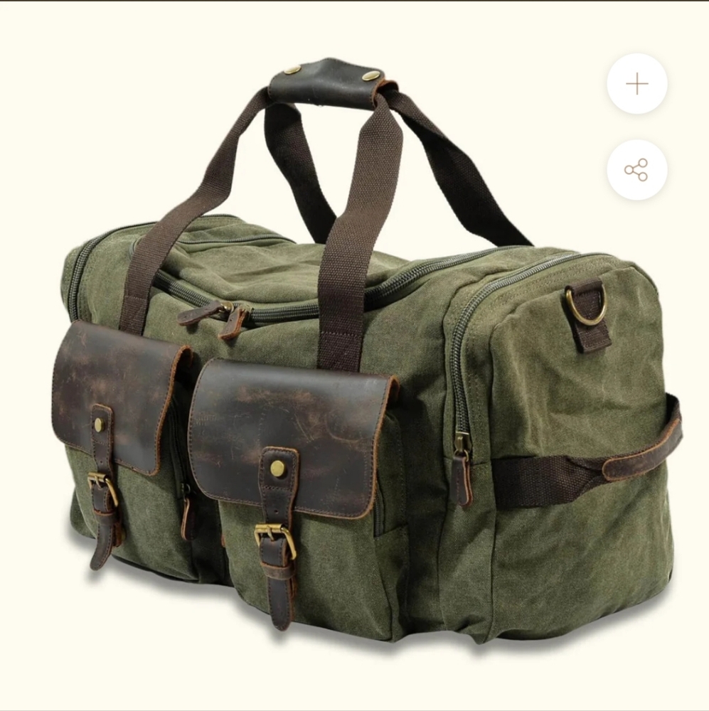 Olive Green Canvas and Brown Leather Men's Ladie's Travel Bag Pack & Go Luggage